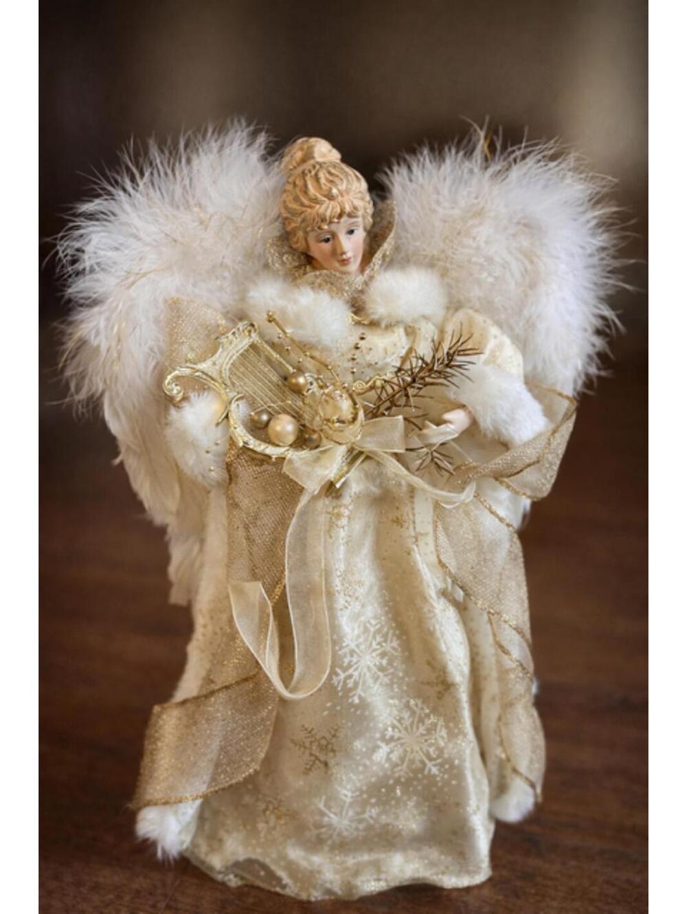 Elegant Angel Christmas Tree Topper with Feather Wings and Gold Accents